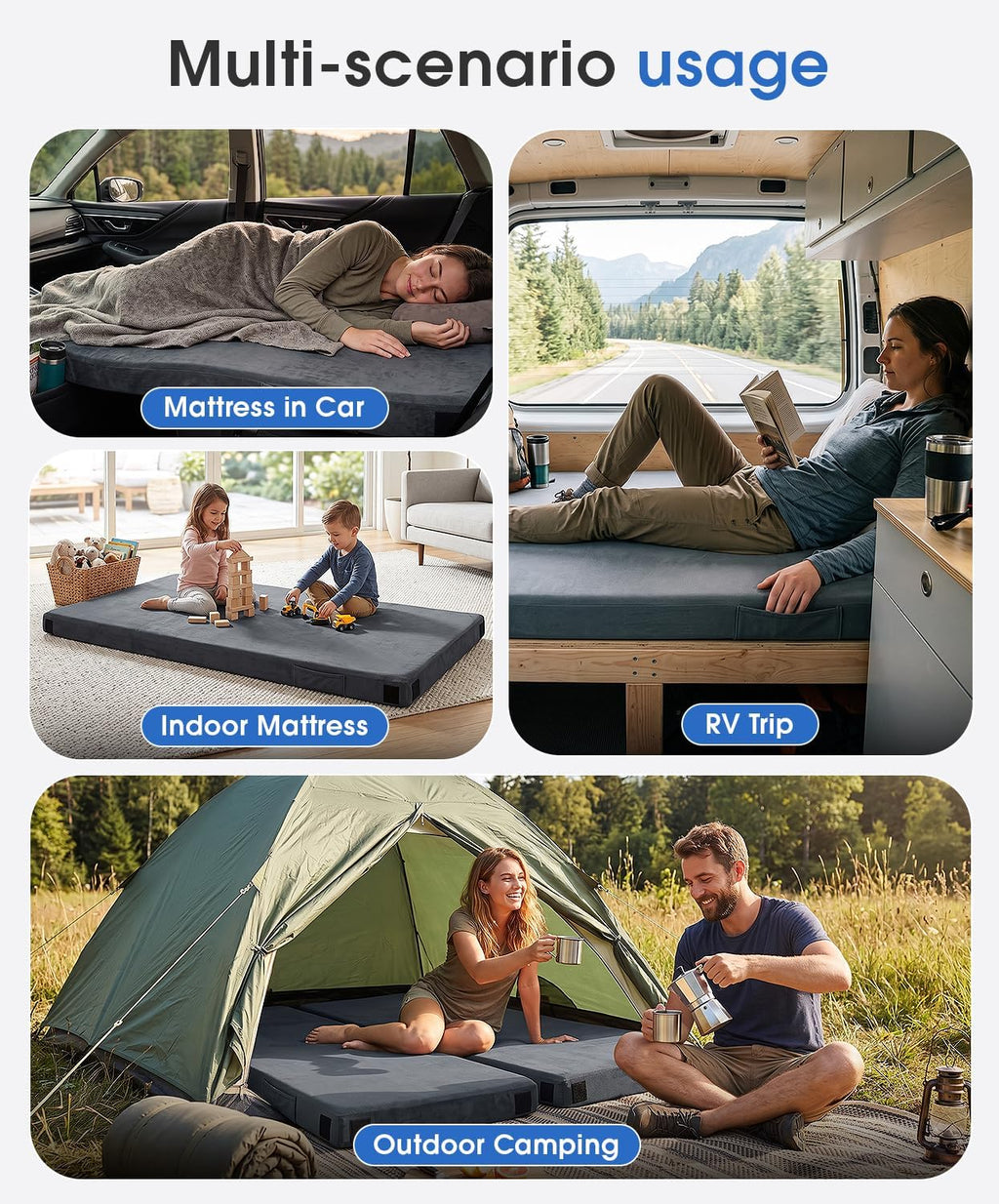 3 Inch Memory Foam Camping Mattress Pad with Storage Bag, Portable Roll Up Sleeping Pad for Car Camping, Waterproof Sleeping Mat with Removable Cover for Camping Cot Tent Truck Travel and Guest Use