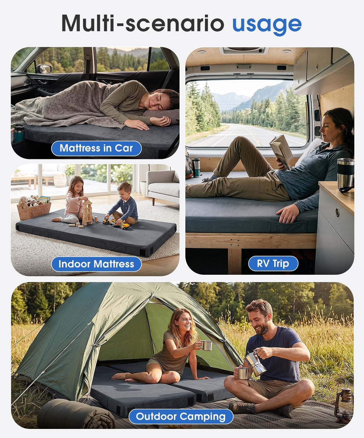 3 Inch Memory Foam Camping Mattress Pad with Storage Bag, Portable Roll Up Sleeping Pad for Car Camping, Waterproof Sleeping Mat with Removable Cover for Camping Cot Tent Truck Travel and Guest Use
