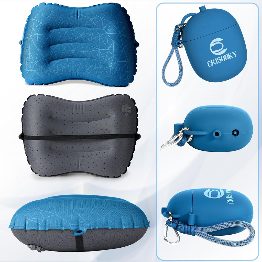 Crisonky Camping Pillow, Inflatable Pillow with 2-in-1 Air Pump Storage Bag