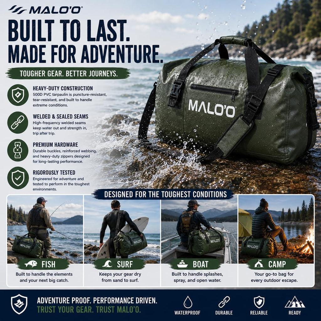 Malo’o Waterproof Dry Duffel, Heavy-Duty Roll Top Waterproof Gear Bag with Shoulder Strap & Molle Loops, Marine Duffel for Kayaking, Boating, Camping, Beach & Travel, Black, 40L