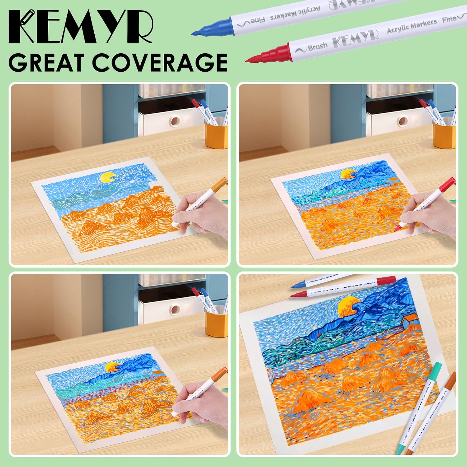 KEMYR 24 Colors Brush & Fine Tip Acrylic Paint Pens, Dual Tip Acrylic Paint Markers for Paper, Wood, Canvas, Stone, Rock, Glass, Fabric, DIY, Ceramic, Art Supplies for Adults Drawing