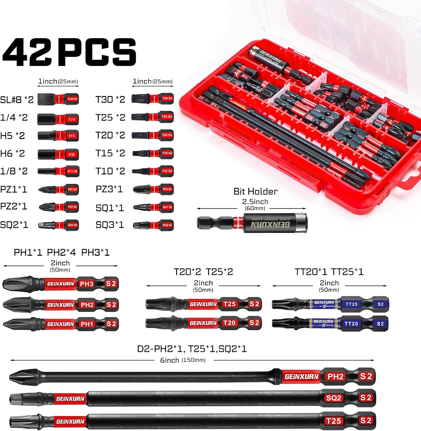 Geinxurn 42pieces Screwdriver Bits Set, Impact Magnetic S2 Steel Multi Insert Power Bits Tips with Impact Bit Holder with Storage Box（PH/TORX/SQ/PZ/HEX/SL）