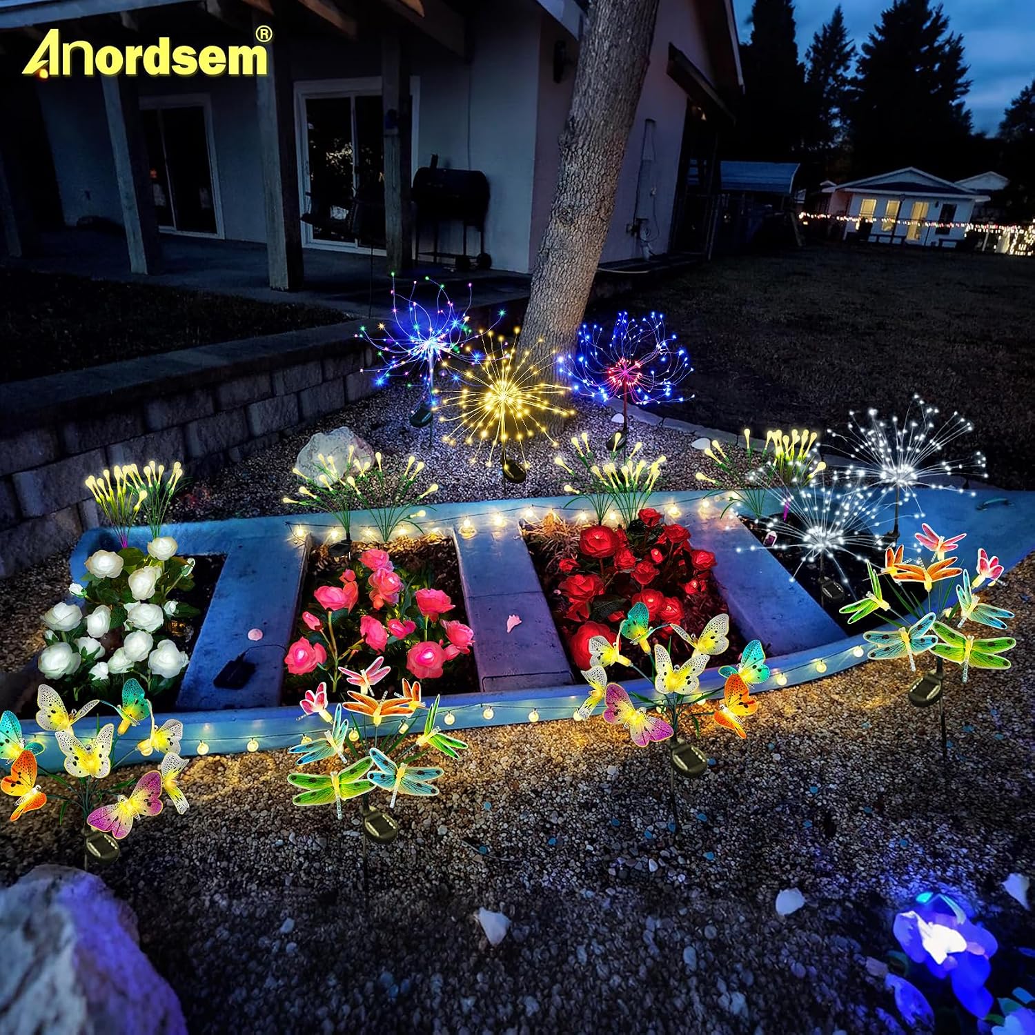 Anordsem Solar Garden Lights Outdoor: Bendable Copper Wire with 120 LED Firework Beads - Warm Waterproof DIY Starburst Decoration for Yard Pathway Patio - Gifts for Women Mom Homeowners