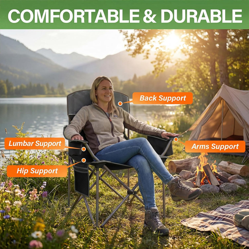 Oversized Camping Chairs 2 Pack - Heavy Duty 400LBS Padded Lawn Chair with Cooler Bag,Cup Holder,Side Pocket,Collapsible for Outdoor,Camp,Fishing & Garden,Black