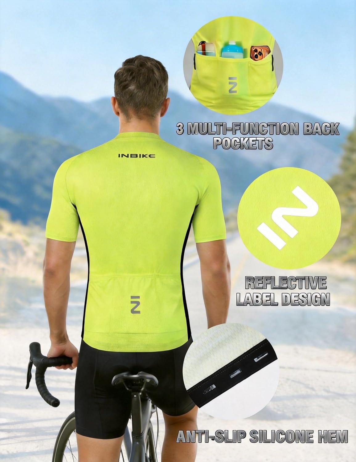 INBIKE Cycling Jersey Mens Set Reflective Breathable Biking Outfit Quick-Dry Bib Bicycle Jersey with 3D Padded Shorts
