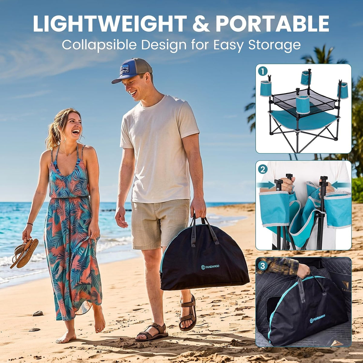 FUNDANGO Folding Beach Table, 3-Tier Removable Mesh Shelf, 4 Cup Holders