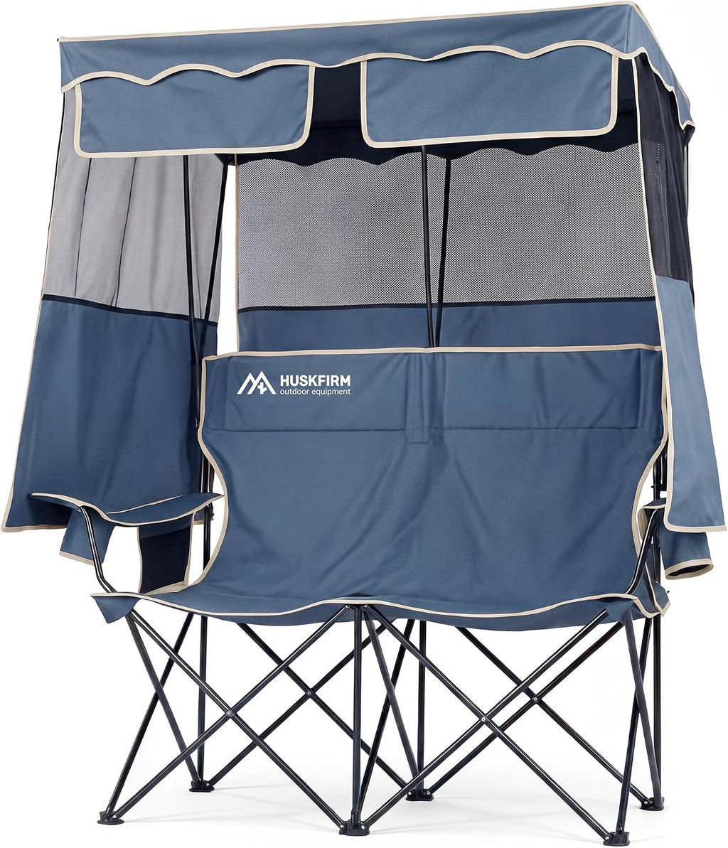 Double Camping Chair with Canopy,2 Person Folding Chair with Canopy, Grey