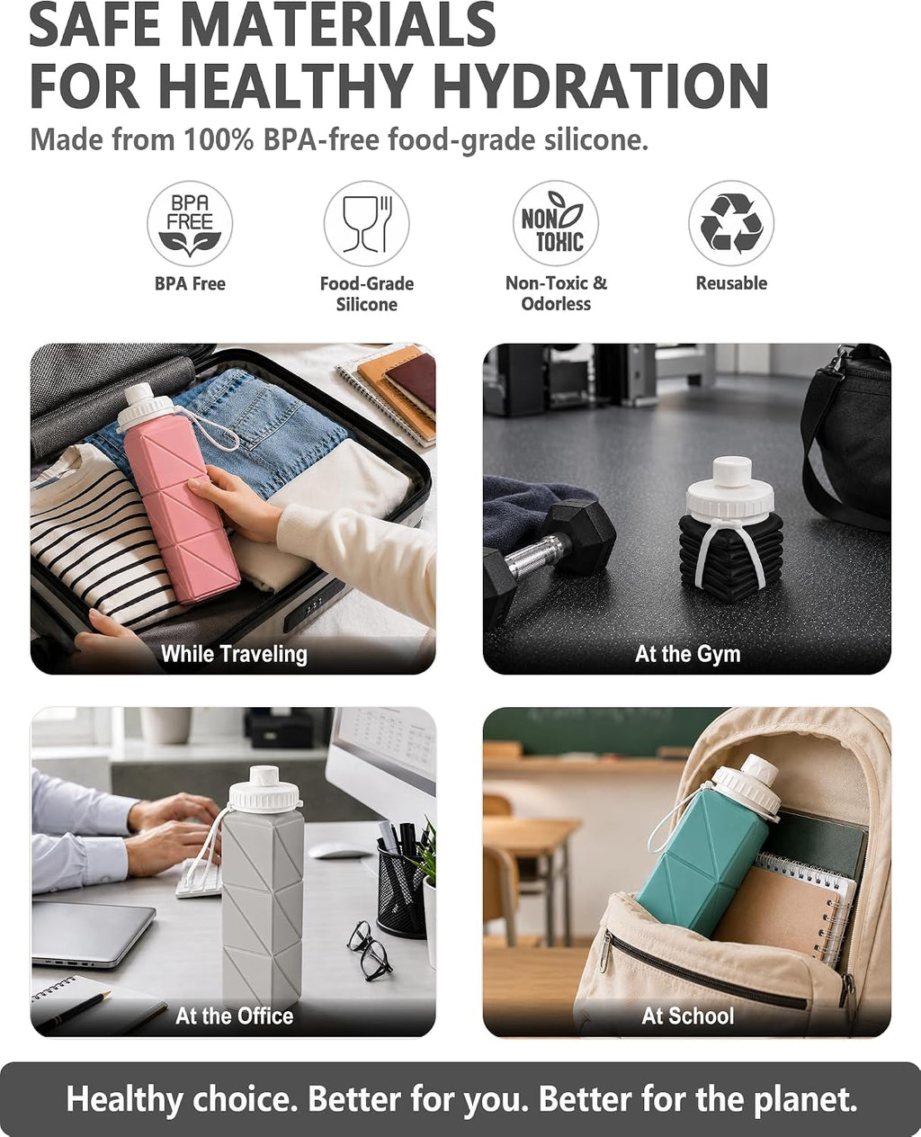 BEAUTAIL Collapsible Water Bottles 21oz/610mL, Silicone Travel Water Bottle