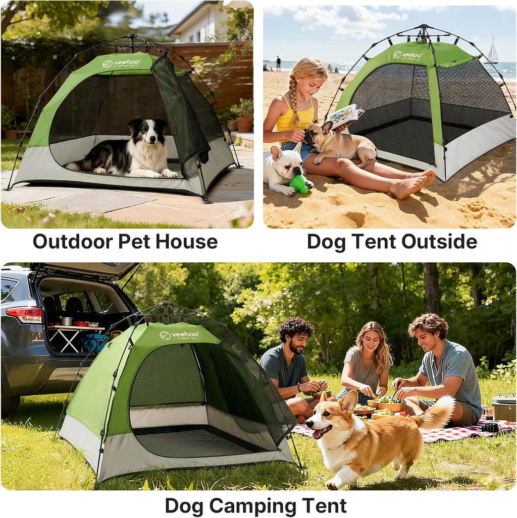 Veehoo Pop Up Dog Tent House for Indoor Outdoor, Portable &amp; Waterproof Dog Canopy Shelter with Cool Mesh, Foldable Automatic Pet Tent for Dogs with Camping Mat and Bag for Large &amp; Extra Large Dogs