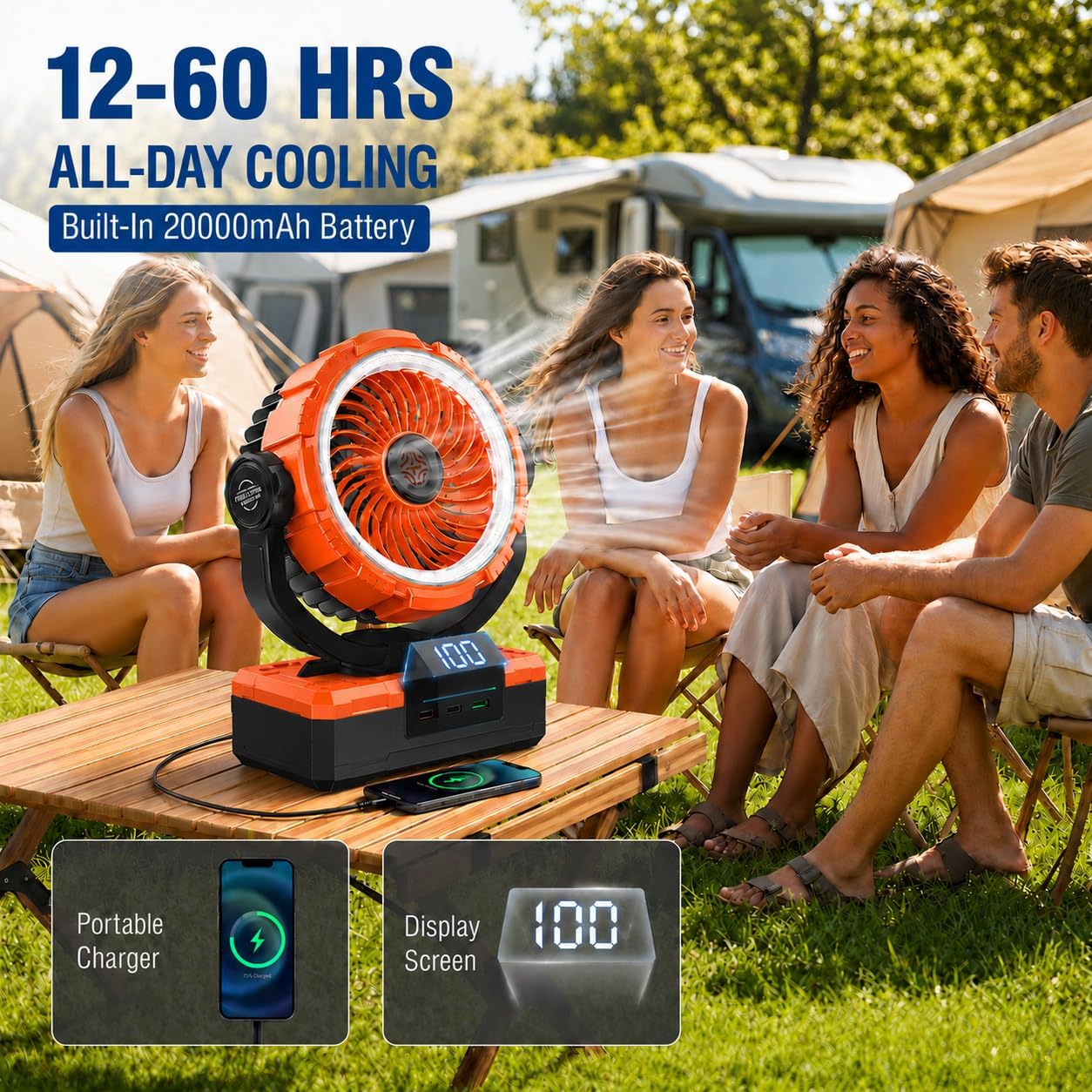 9-Inch Rechargeable Camping Fan 【Auto-Oscillating, Max 60H】20000mAh Portable Battery Powered Operated Fan,Light,Timer,Hook,Outdoor Tent Fans for Patios,Beach,Fishing,Emergency,Camping Gear Essentials