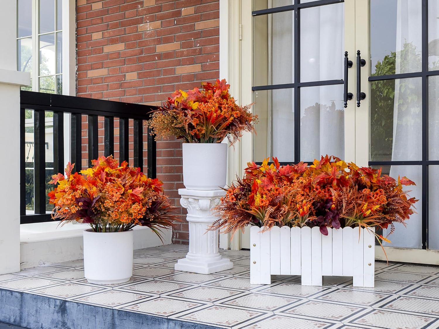 24PCS Artificial Fall Flowers Outdoors, Faux Maples & Mums for Outside