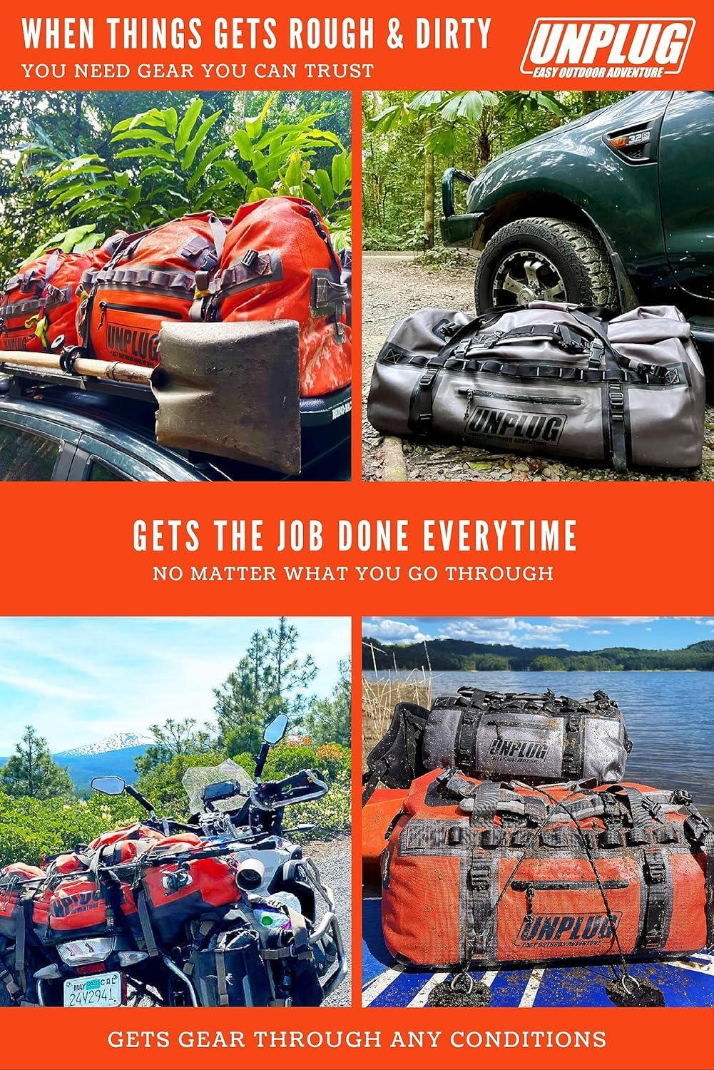 UNPLUG Ultimate Adventure | 1680D Heavy Duty Waterproof Bag | Large Travel Bag which can be Used for Camping, Motorcycling, Boating, or Hunting| 65L BLACKOPS