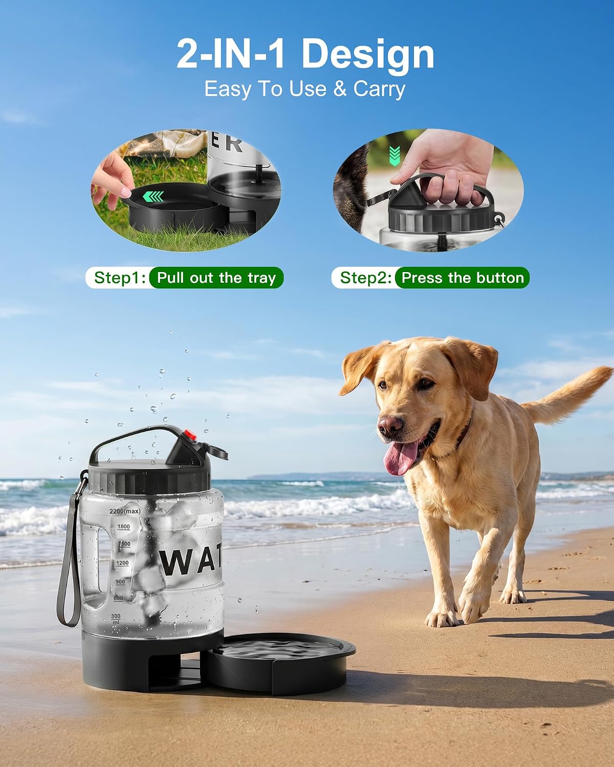 Portable Dog Water Bottle with Bowl, Large 77 oz/2.2 L, Black