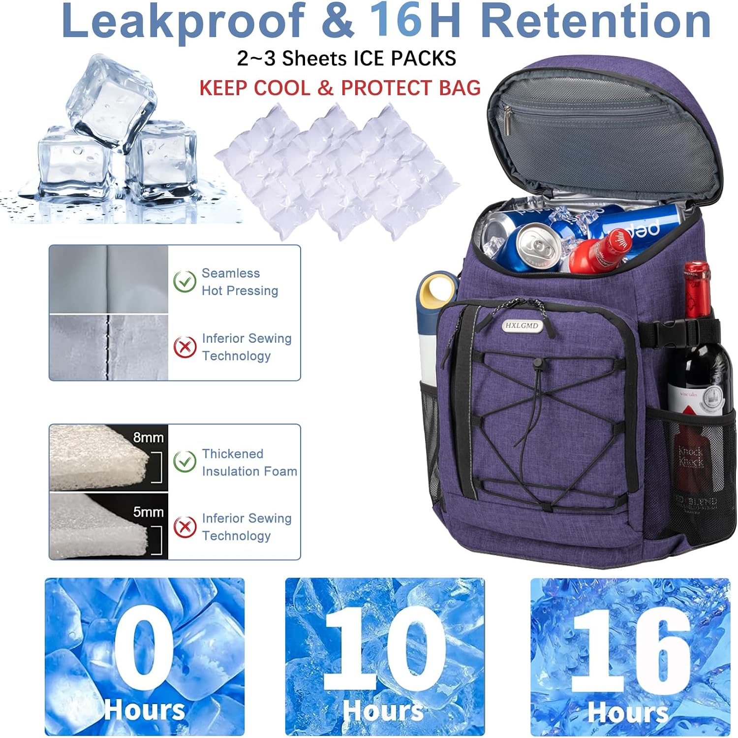 HXLGMD Backpack Coolers Insulated Leak Proof 30 Cans, Soft Sided Insulated Cooler Bags Ice Chest Backpack for Beach Travel Camping, with Reusable Ice Packs