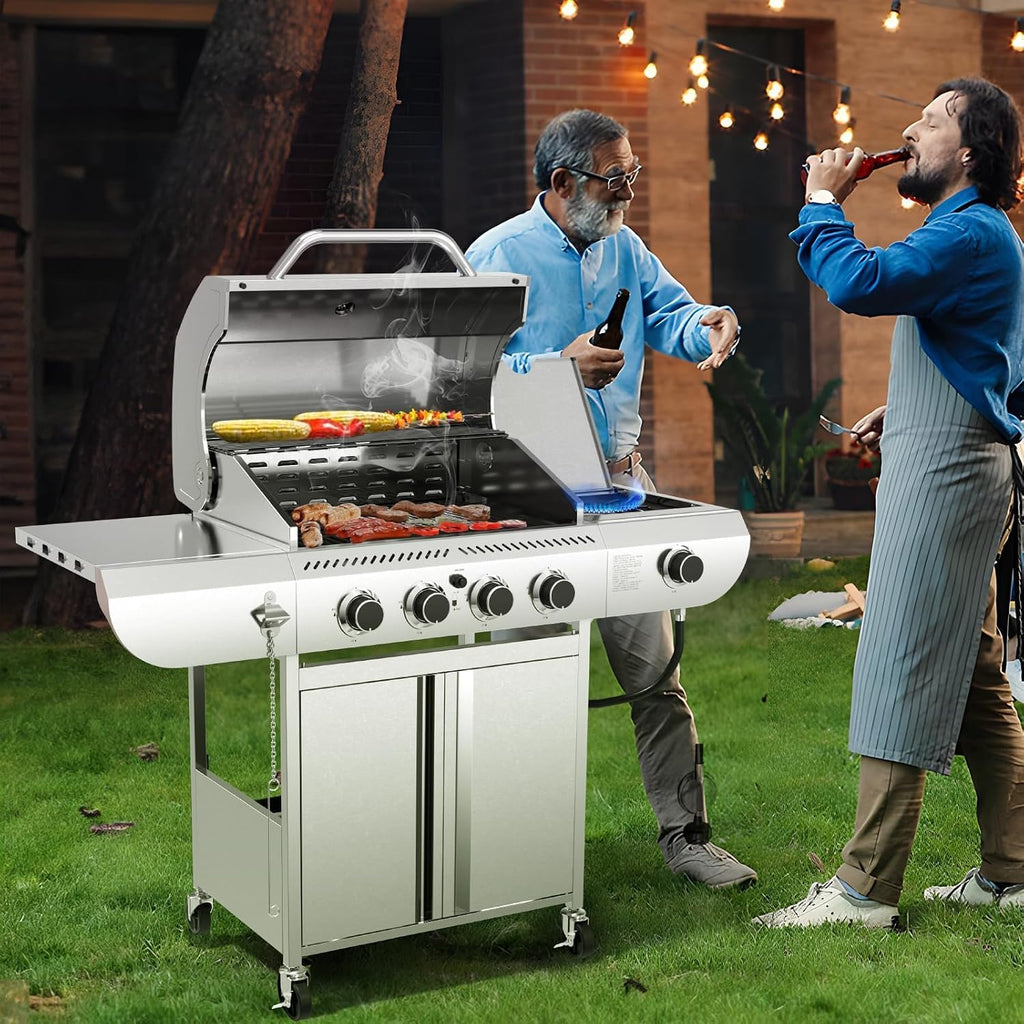 R.W.FLAME Gas Gril, 4Burner with Side Burner, Stainless Steel Outdoor Grill