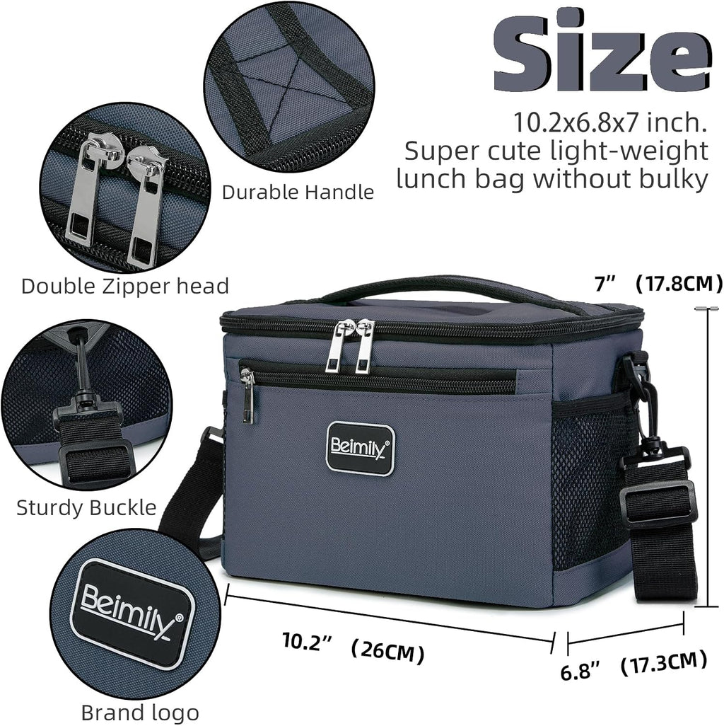 BEIMILY Lunch Box for Men/Women,Small Insulated Lunch Bag,Reusable LunchBox for work Picnic Hiking Beach,Leakproof Soft Cooler Tote Bag Organizer with Adjustable Shoulder Strap for Adults(Gray)