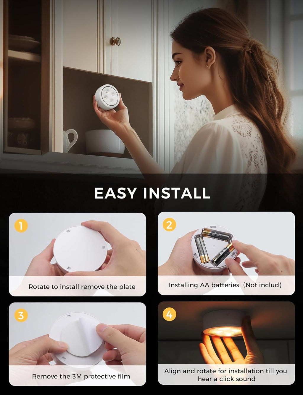 Push Lights with Remote 6-Piece Battery-Powered LED Hockey Puck Lights, Wireless Under-Cabinet & Baseboard Illumination, Dimmable & Color-Changing (2 Pack White, Color)