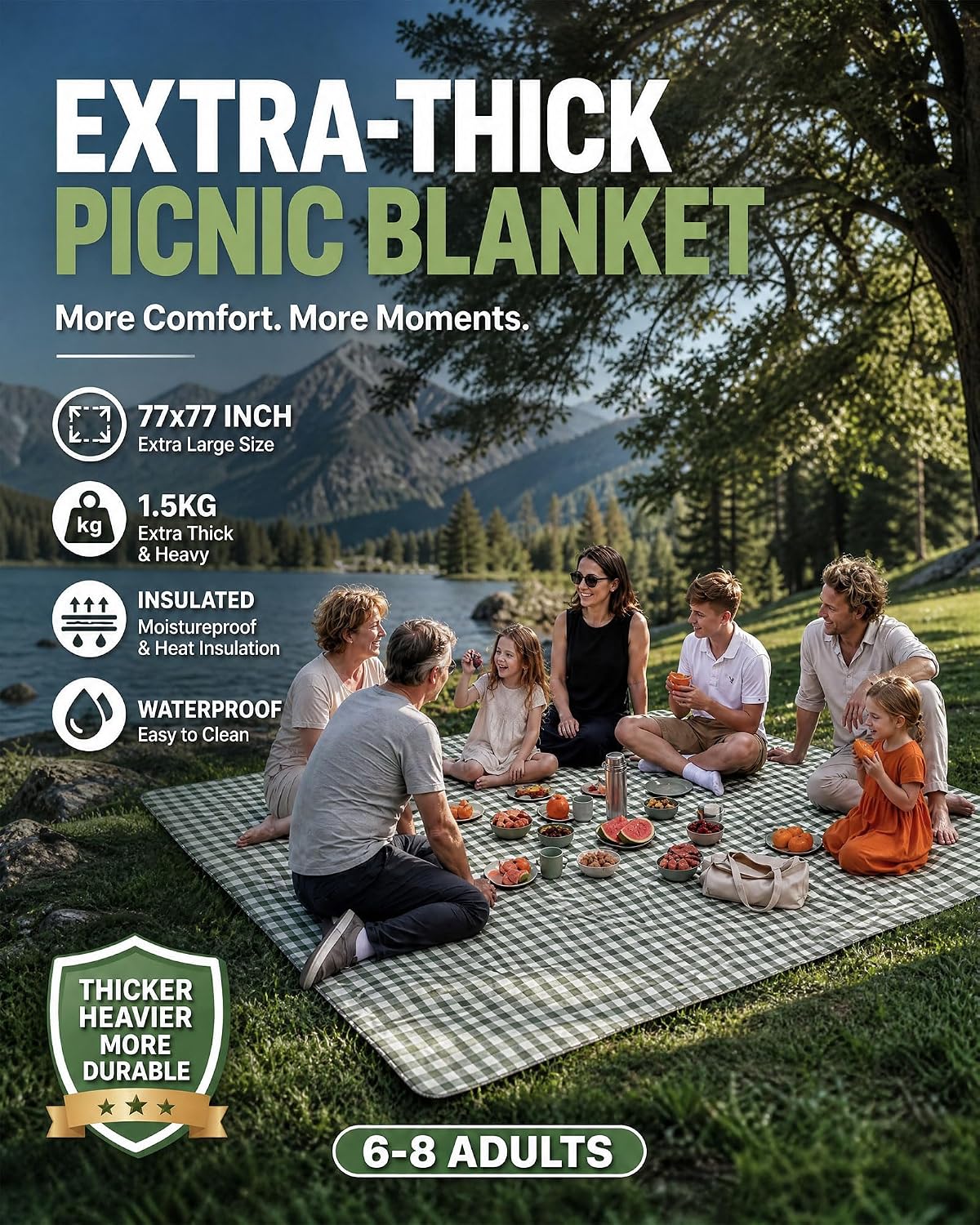 Extra-Thick Padded Large Picnic Blanket with 4 Corner Stakes and Carry Bag