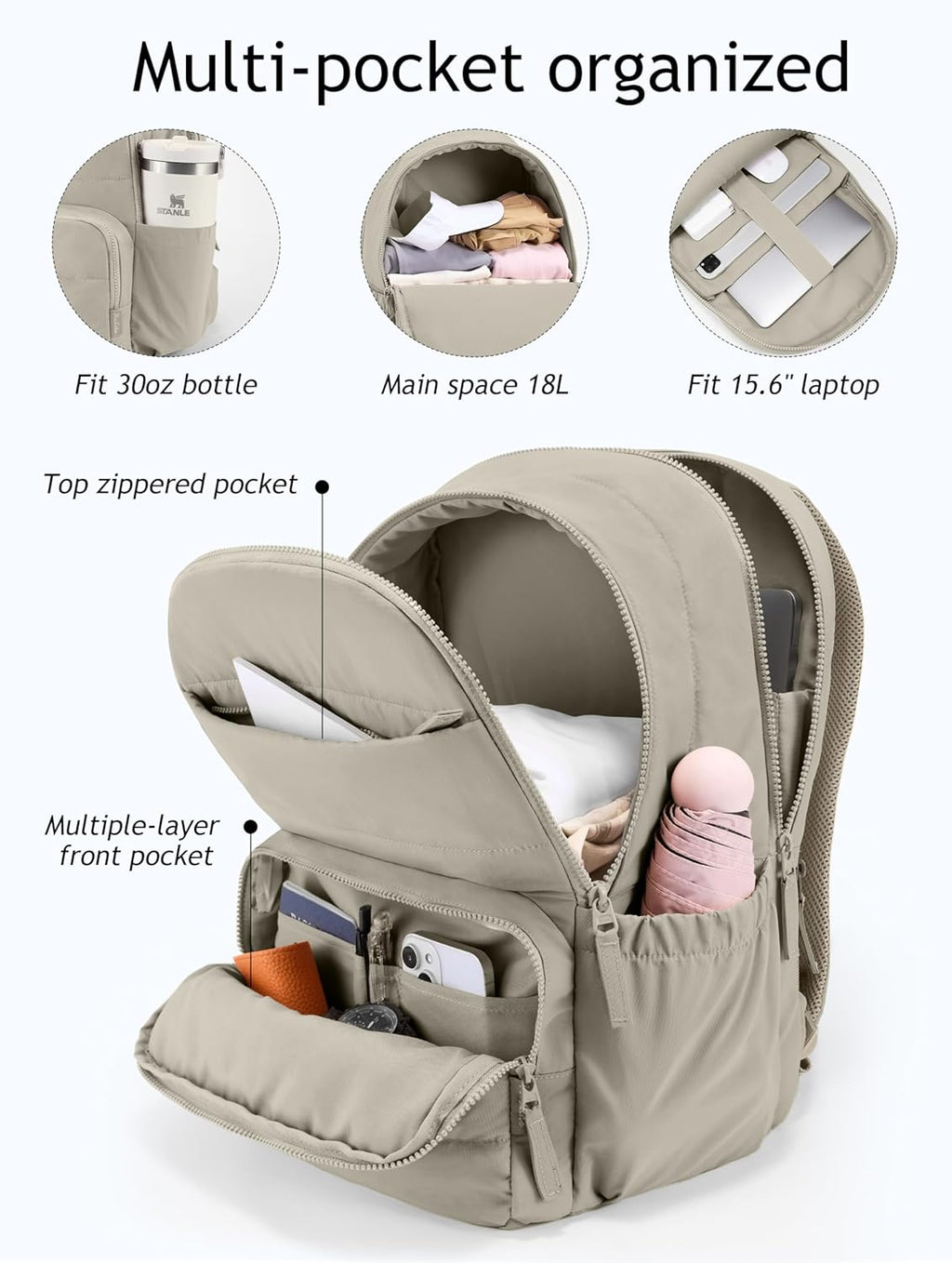 Uselike Travel Backpack for Women, 15.6 Inch Laptop Backpack, Quilted College Bookbag, Cute Work Backpacks, Water Resistant (Khaki Ash)