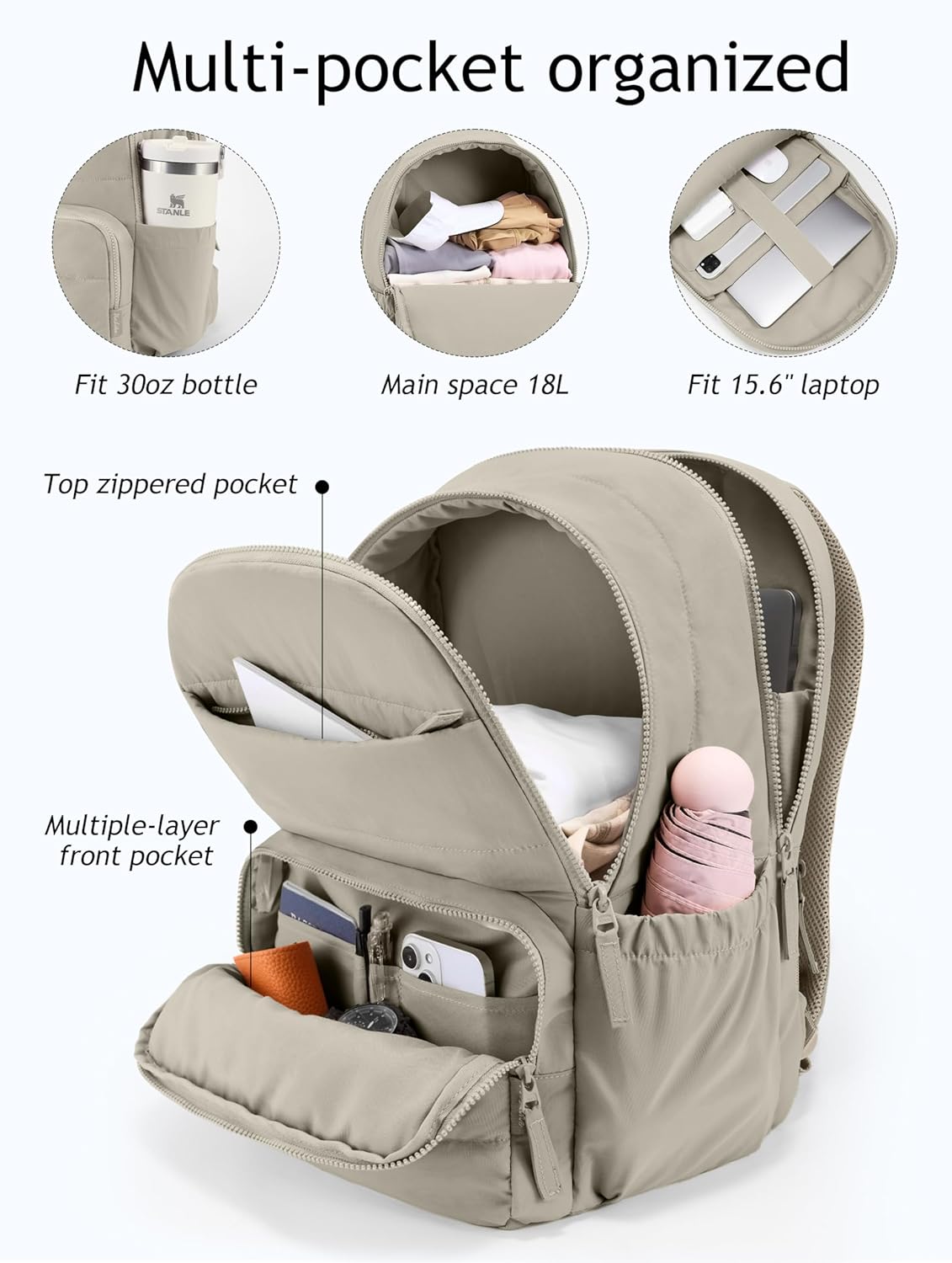 Uselike Travel Backpack for Women, 15.6 Inch Laptop Backpack, Quilted College Bookbag, Cute Work Backpacks, Water Resistant (Khaki Ash)