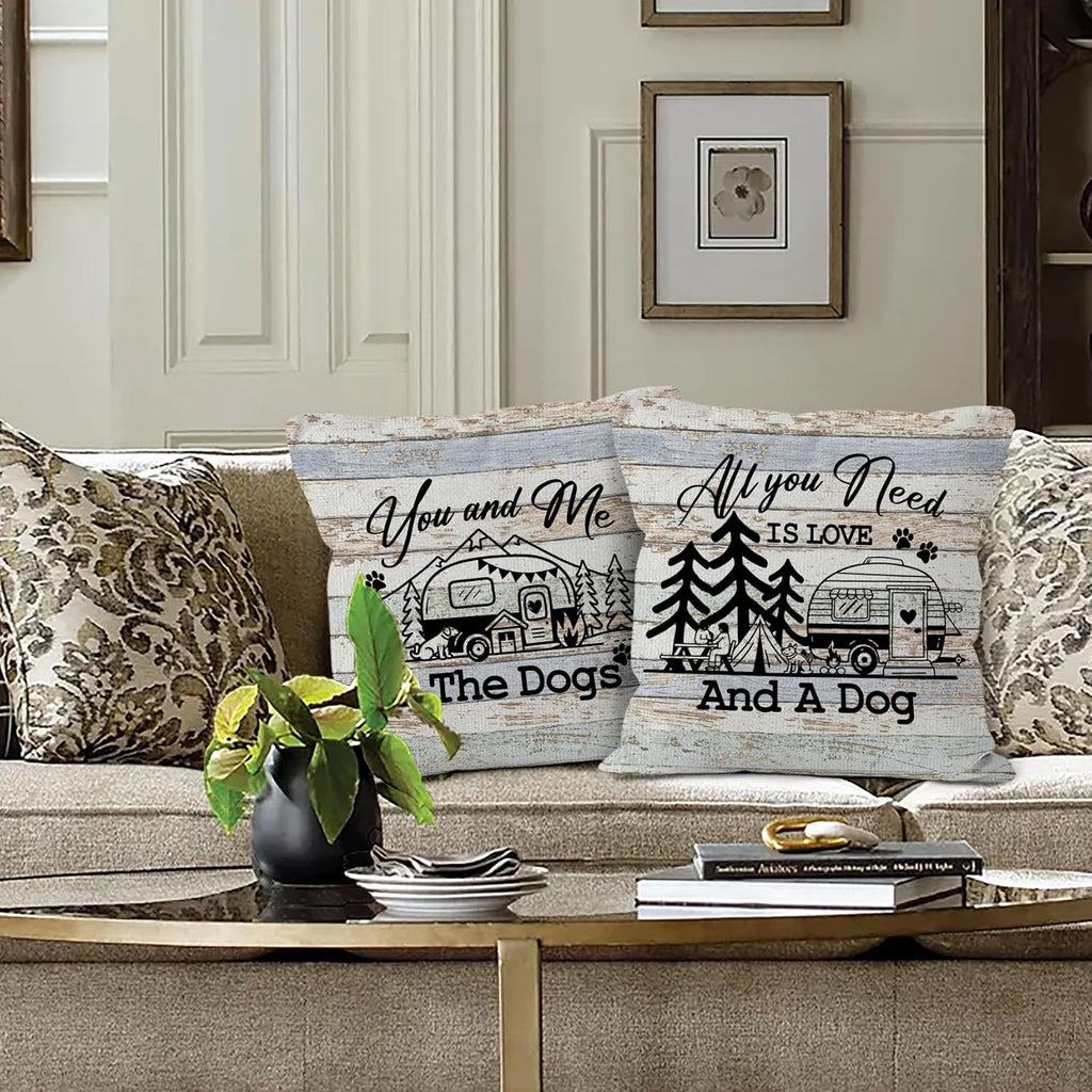 Camping Rv Pillow Covers 18x18 Set of 2, Camper Dog Campsite Pillow Covers for Home Bedroom Couch, You and Me and The Dogs,Camping Gifts for Women
