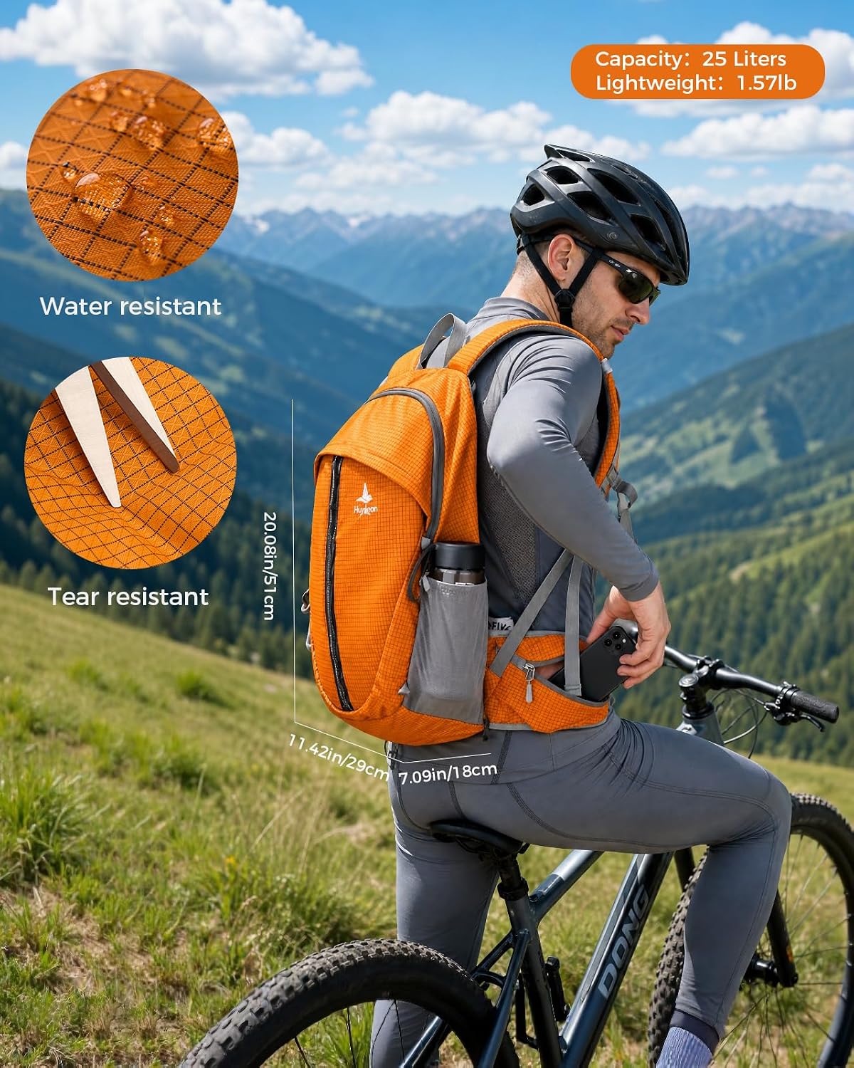 25L Hiking Backpack with Helmet Holder and Rain Cover, Lightweight Camping Travel Day pack Cycling Backpack for Women Men (Orange)