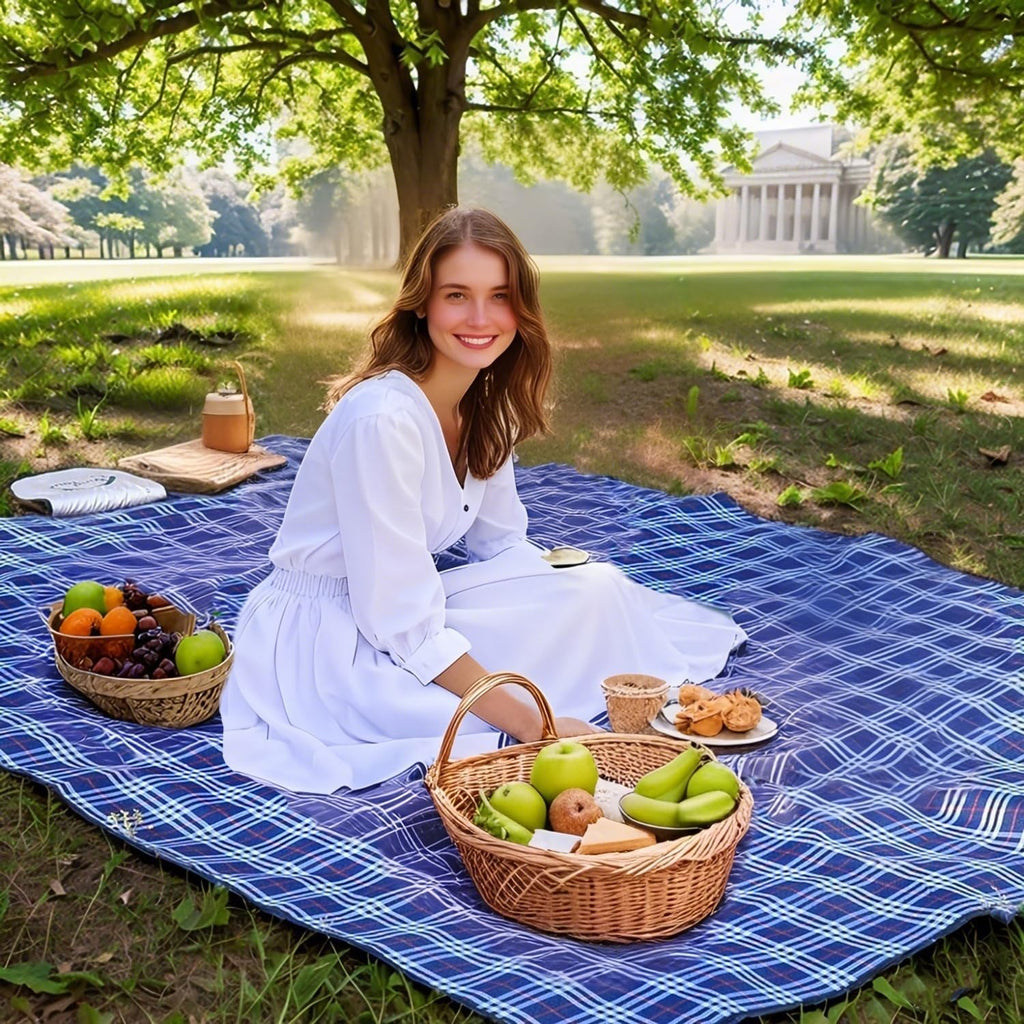 Wind Tour Waterproof Picnic Blanket with Carry Strap - Foldable Sandproof Outdoor Mat for Camping, Beach, Park - 59" x 71",Navy Blue(Two Mat Set)