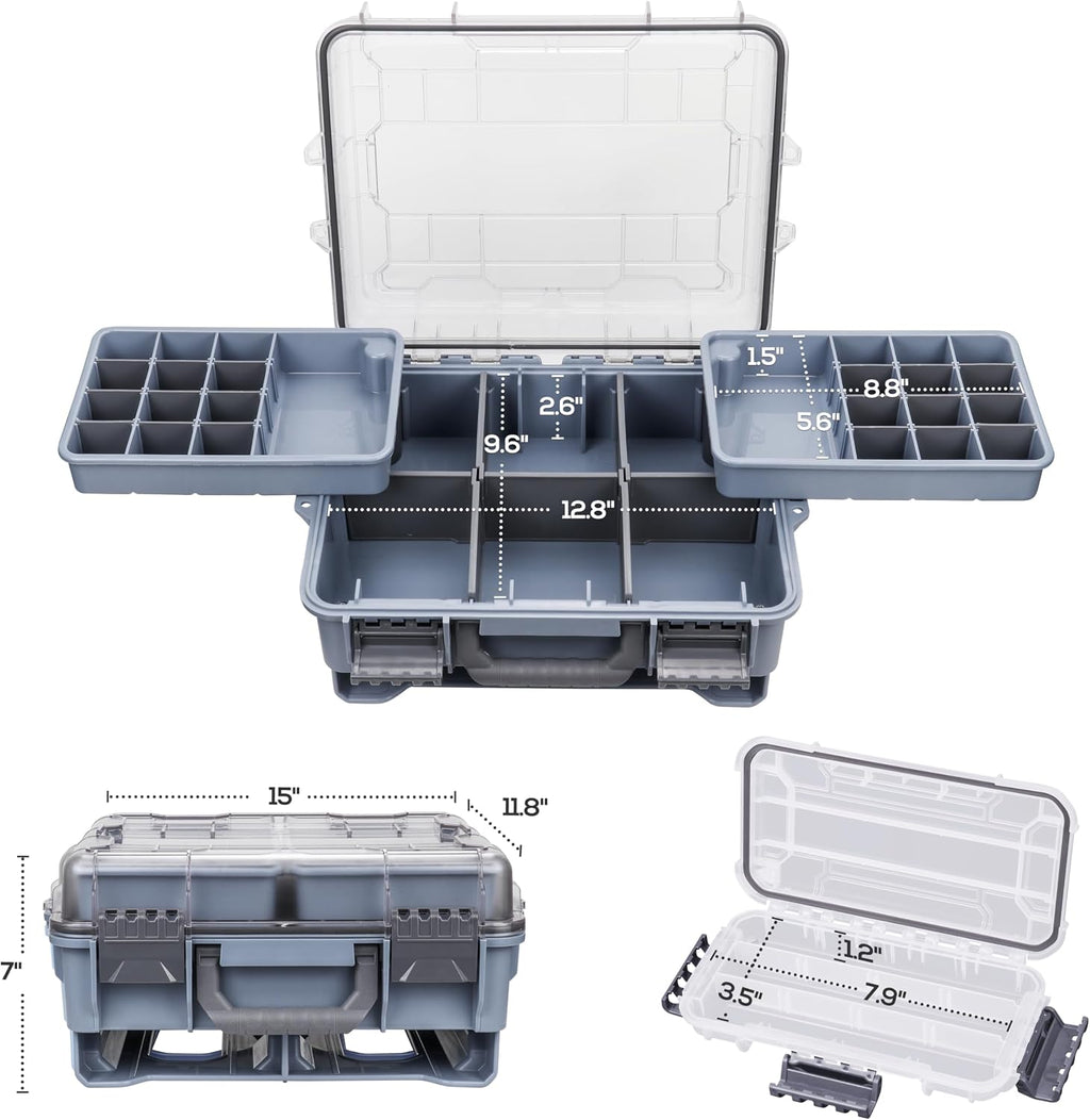 RUNCL Universal Fishing Tackle Box with Two Small Tackle Tray, Removal Inside Design Waterproof Trunk Storage Box, Thicker Floating Airtight Stowaway, Xmas Surprise Fishing Gifts for Men Women
