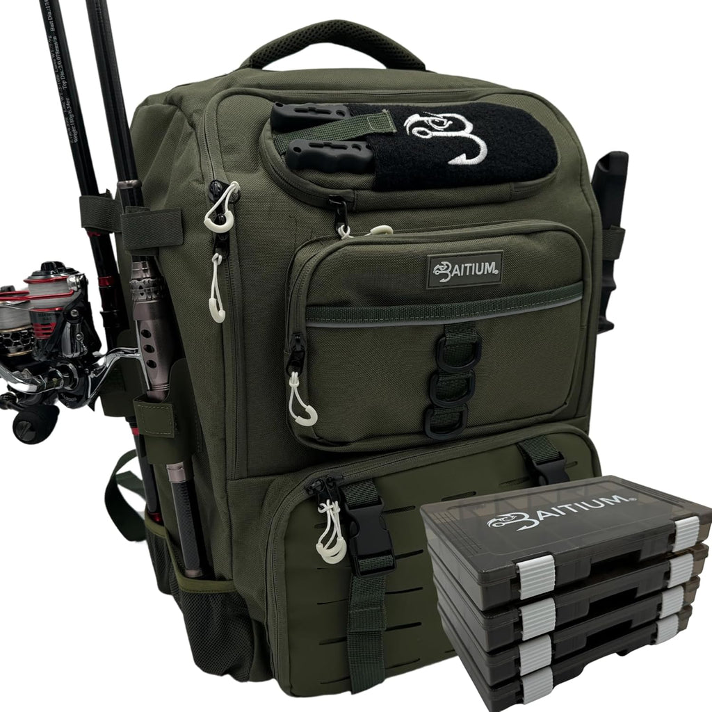 Baitium Fishing Backpack, Tackle Bag With Rod Holders, 40L Capacity With Cooler, Rain Cover, Insulated Pocket, 4 Tackle Trays Included- (Green)