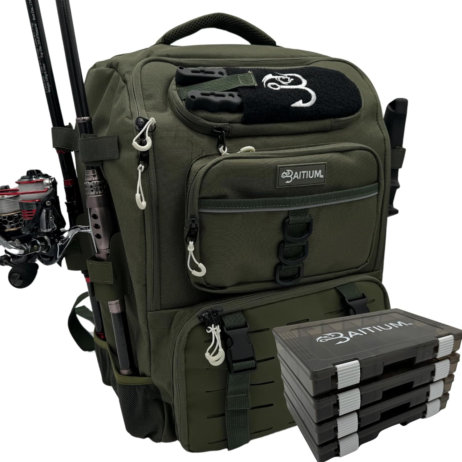 Baitium Fishing Backpack, Tackle Bag With Rod Holders, 40L Capacity With Cooler, Rain Cover, Insulated Pocket, 4 Tackle Trays Included- (Green)