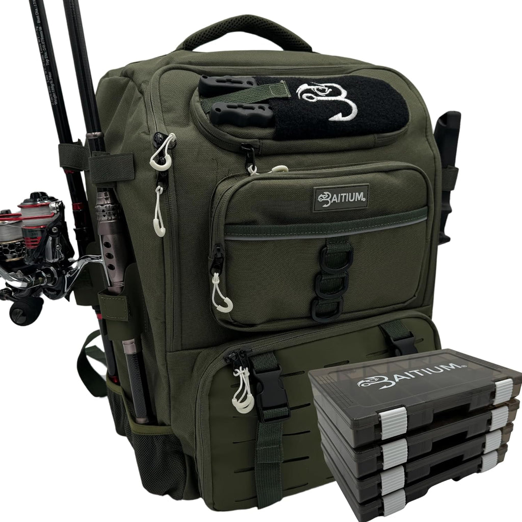 Baitium Fishing Backpack, Tackle Bag With Rod Holders, 40L Capacity With Cooler, Rain Cover, Insulated Pocket, 4 Tackle Trays Included (Jet Black)