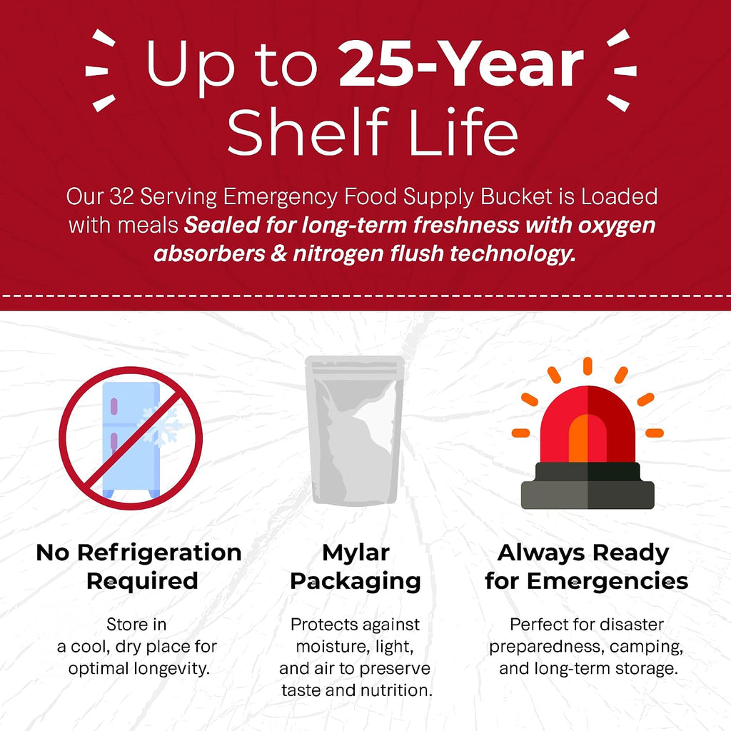 Legacy Food Storage 32 Serving Emergency Food Supply Bucket, 8 Entrees, 12,440 Total Calories, Shelf Stable Lunch & Dinner, Freeze Dried Survival Meals for MRE Camping, Hiking, Prepping