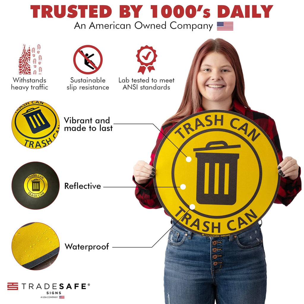 TRADESAFE Trash Can Anti-Slip Floor Sticker - Trash Can Decal Caution Sign, Peel and Stick Adhesive Vinyl Sign, ANSI-Compliant, 17” Diameter Round Sticker Yellow, Black