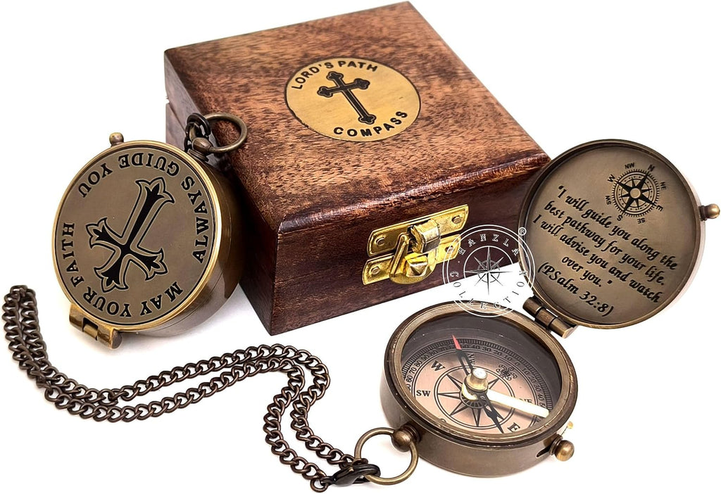 May Your Faith Always Guide You Pslam 32:8 Engraved Compass, Pocket Gift for Hiking, Religious Brass Compass with Wooden Box, Navigational Outdoor Compass Great Gift Item for Your Loved Ones
