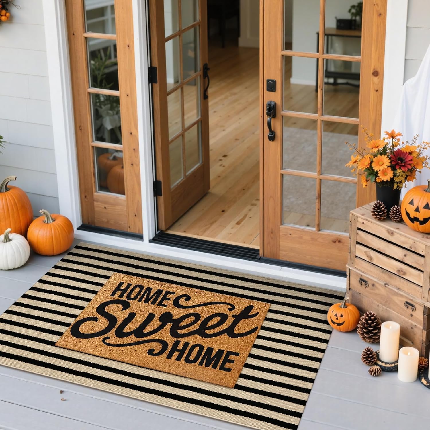 Fall Front Door Mat 2'x4.3', Cotton Washable Striped Outdoor Rug