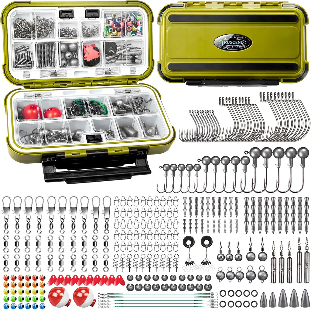 TRUSCEND Complete Fishing Accessories - Tackle Box with Tackle Included, Fishing Hooks, Jig Heads, Sinkers, Weights, Swivels, Snaps, Bobbers, Leaders - Fishing Gear Set for Bass Trout Panfish Walleye