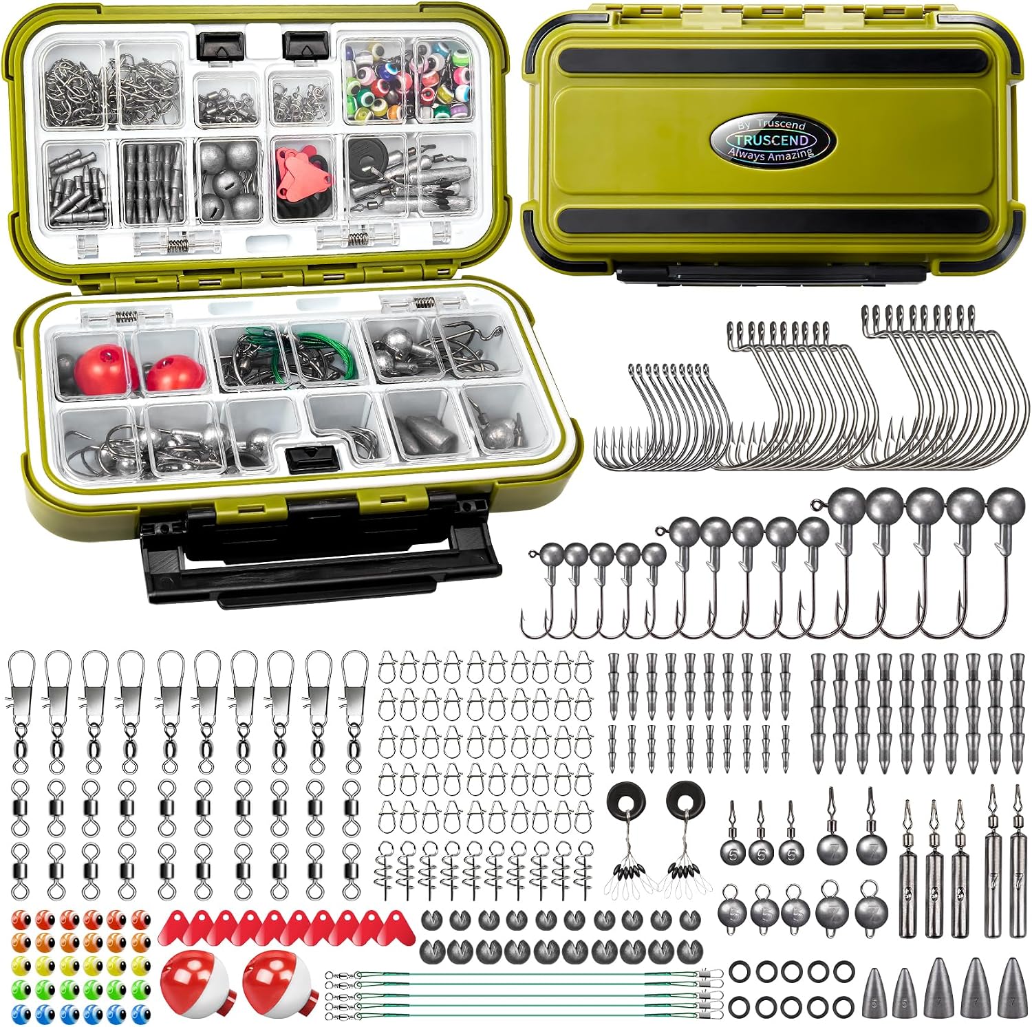 TRUSCEND Complete Fishing Accessories - Tackle Box with Tackle Included, Fishing Hooks, Jig Heads, Sinkers, Weights, Swivels, Snaps, Bobbers, Leaders - Fishing Gear Set for Bass Trout Panfish Walleye