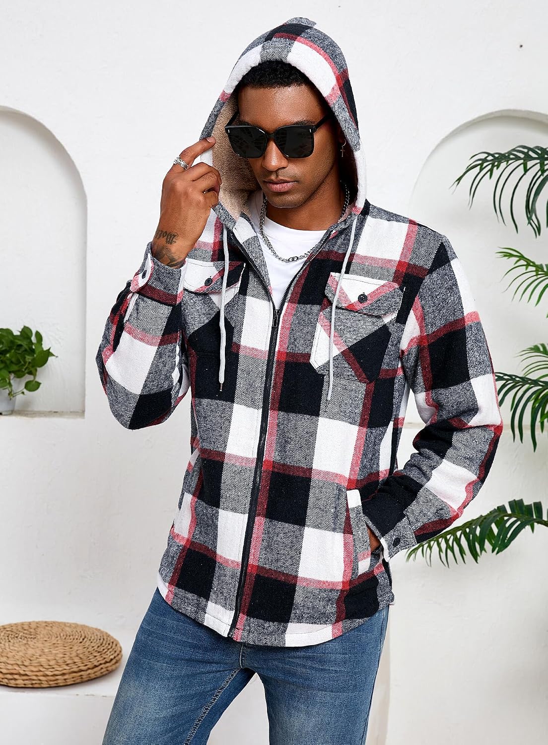 Men's Zip Up Flannel Shirt Jacket Fleece Lined with Hood