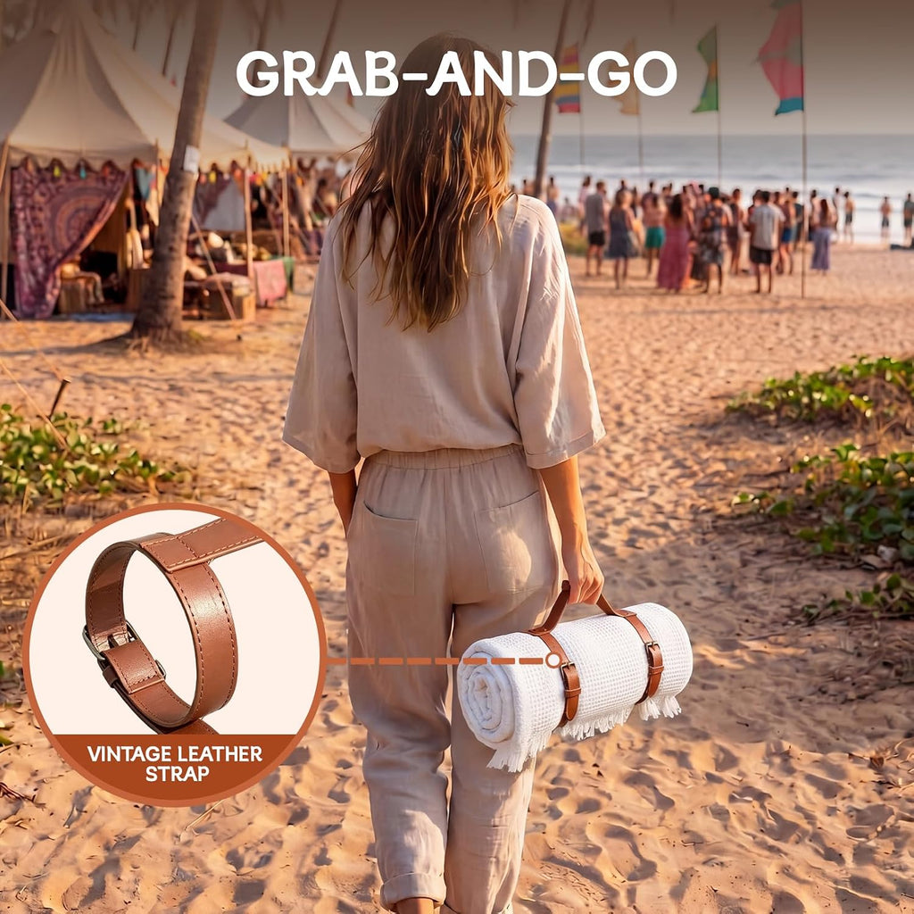 Boho Picnic Blanket with Leather Carry Strap, Extra Large White Outdoor Blanket with Fringe, Portable Sandproof Beach Mat for Camping, Park, Lawn & Photoshoot (71"x 71") (71 x 71 inches)
