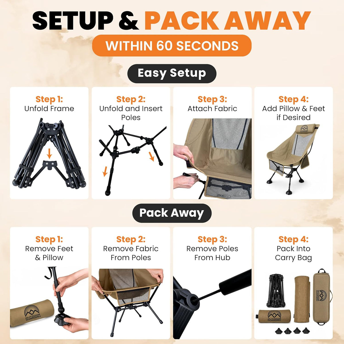 Compact High Back Camp Chair - Adjustable Height & Recline