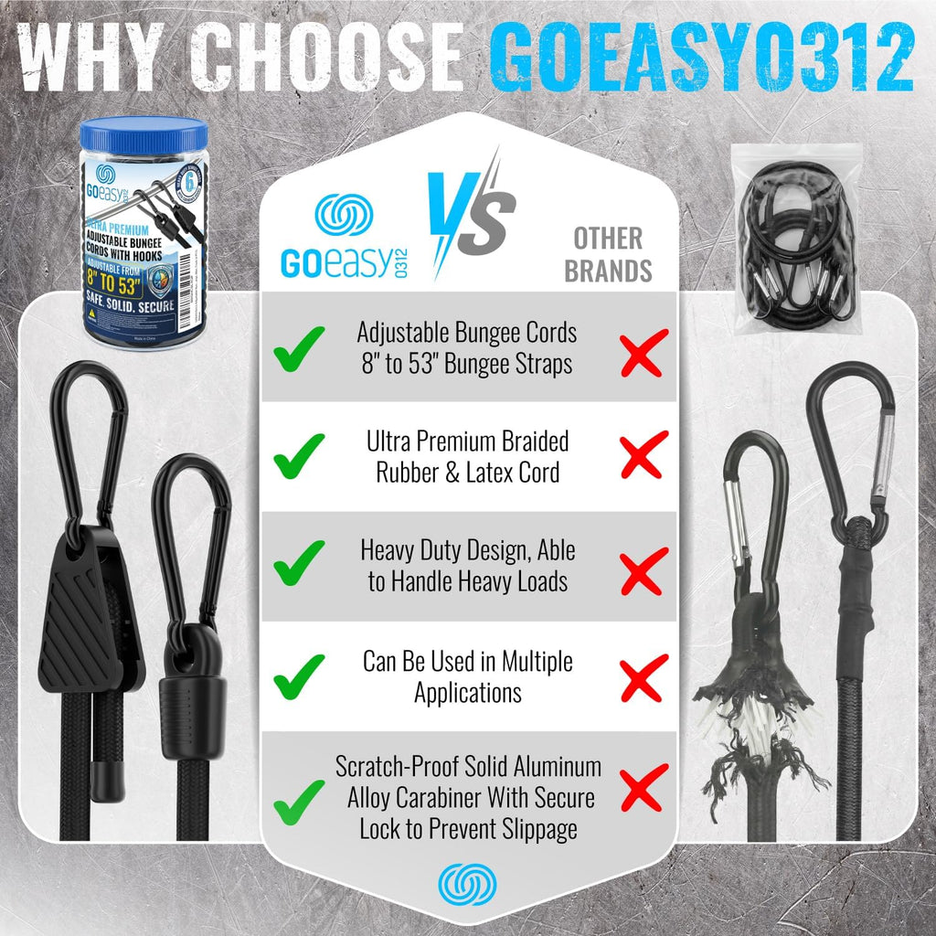 GOEASY0312 Adjustable Bungee Cords with Carabiner Hooks 8"-53", 6PCS