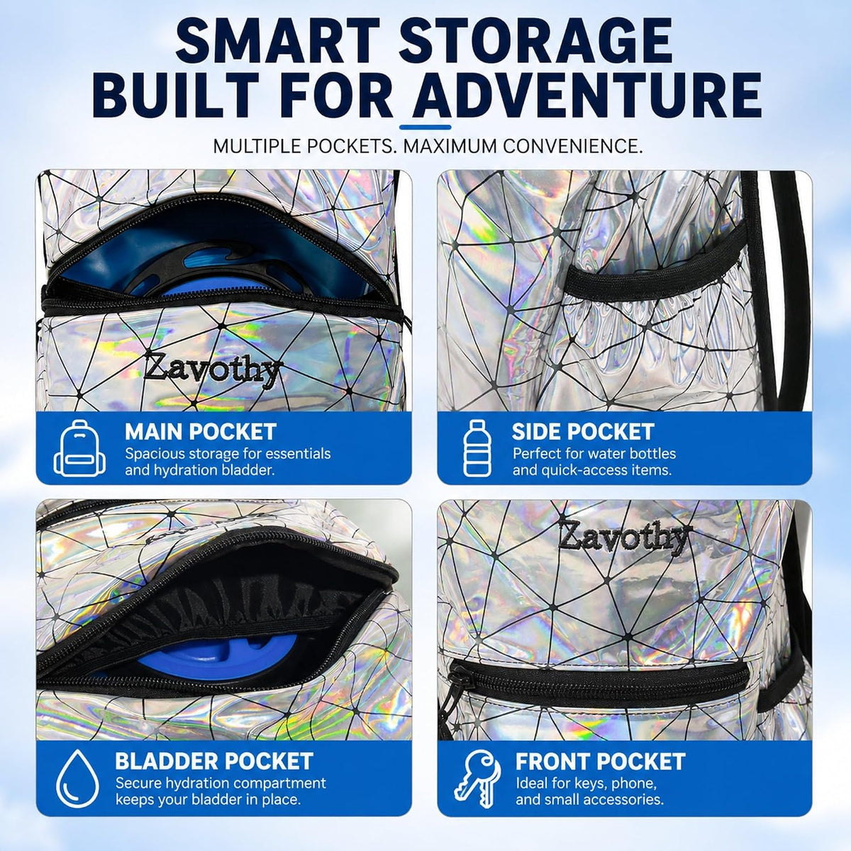 Zavothy Rave Hydration Backpack with 3L Bladder, Colorful Festival Hydration Pack with Side Pockets, Lightweight Water Backpack for EDM, Music Festivals, Hiking & Cycling