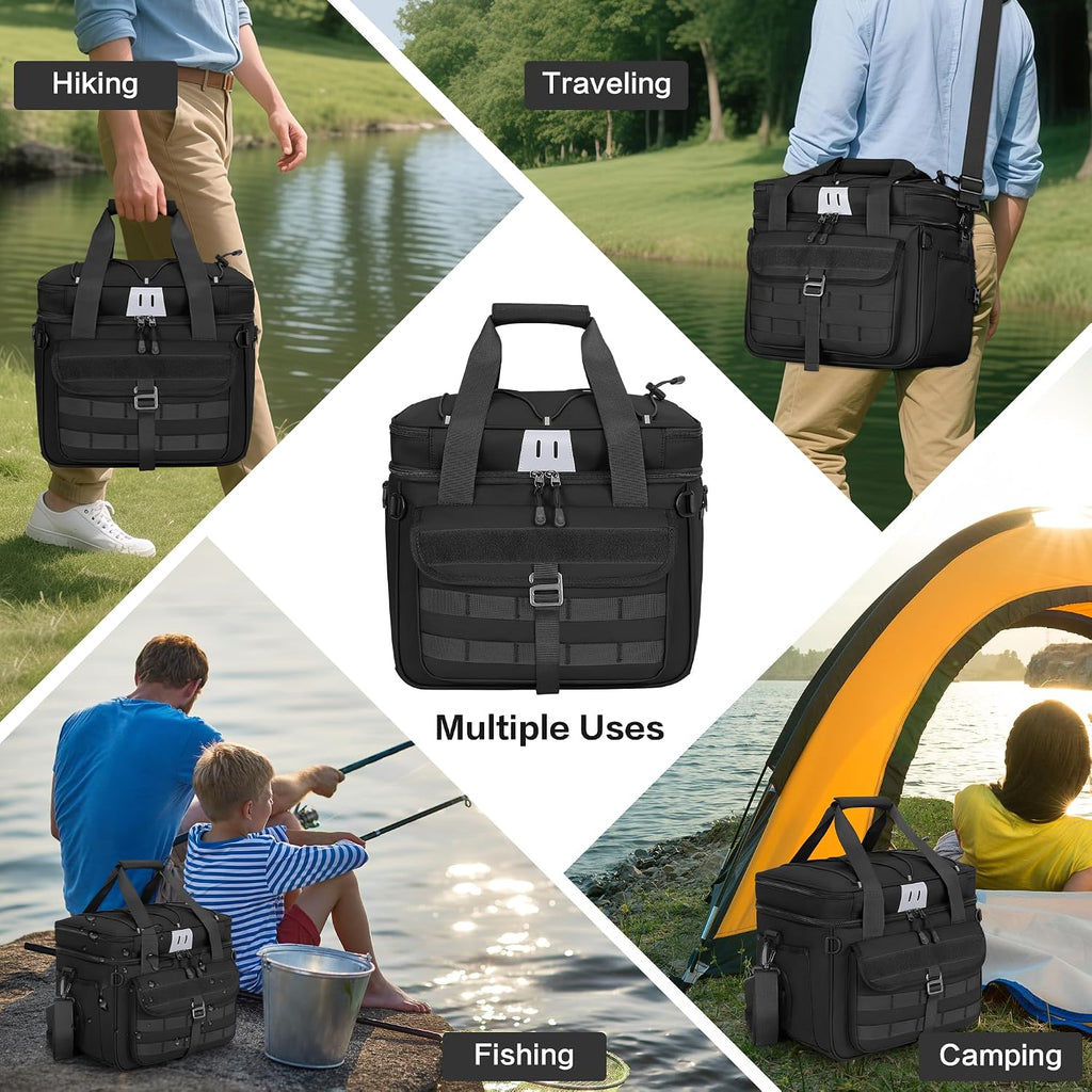 30L Large Fishing Tackle Bag, Waterproof, Double Deck, Black