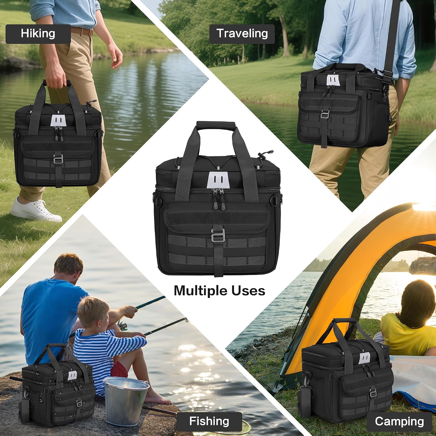 30L Large Fishing Tackle Bag, Waterproof, Double Deck, Black