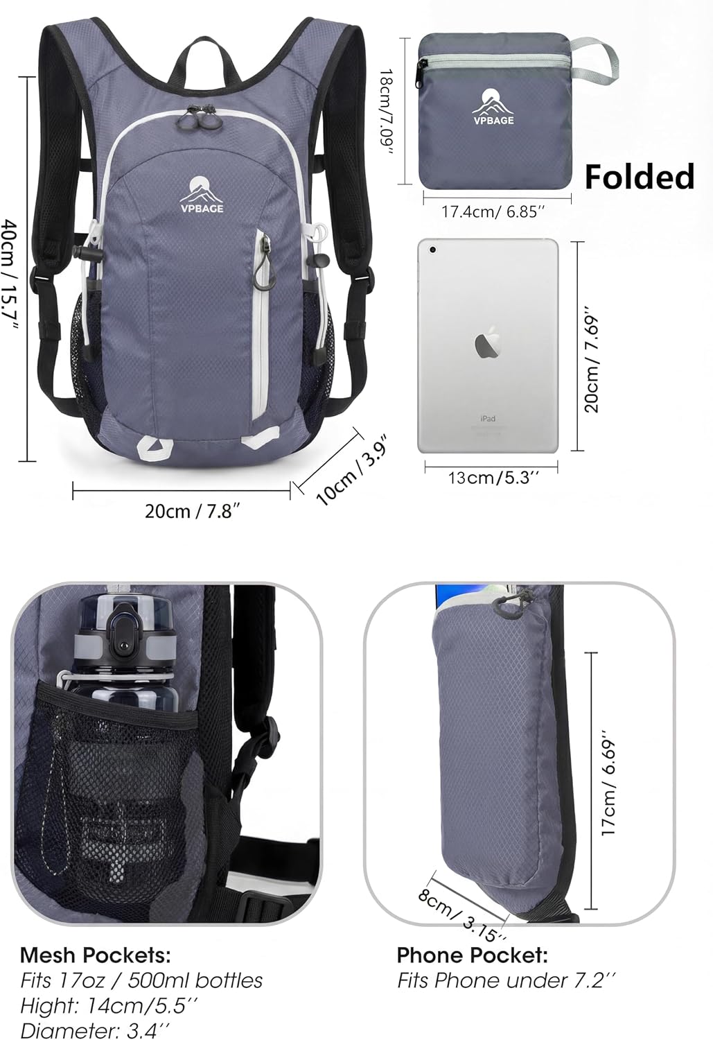 Foldable Small Hiking Backpack with 3 Strap Pockets – Lightweight 300D Spill-proof Daypack for Men Women – Packable Small Travel Backpack with Chest Strap & Trekking Pole Holder – Durable Outdoor Bag