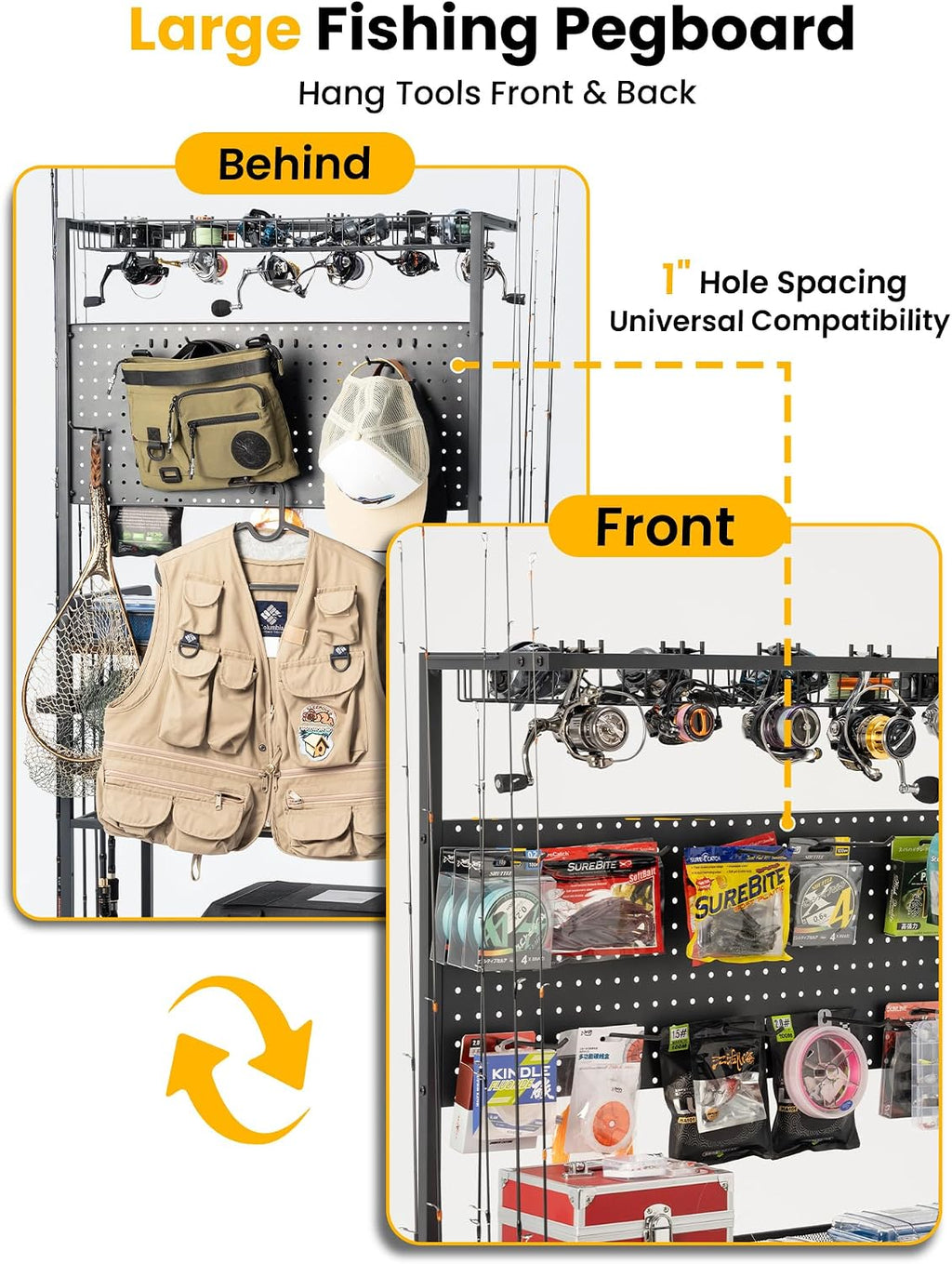 SOYEEZE Fishing Rod Holders for Garage,Fishing Gear Holder for Fishing Rod Tackle Box Storage，Fishing Pole Holders for 12 Rods with Hooks and Pegboard,Fishing Cart with Reel Rack, Large Size
