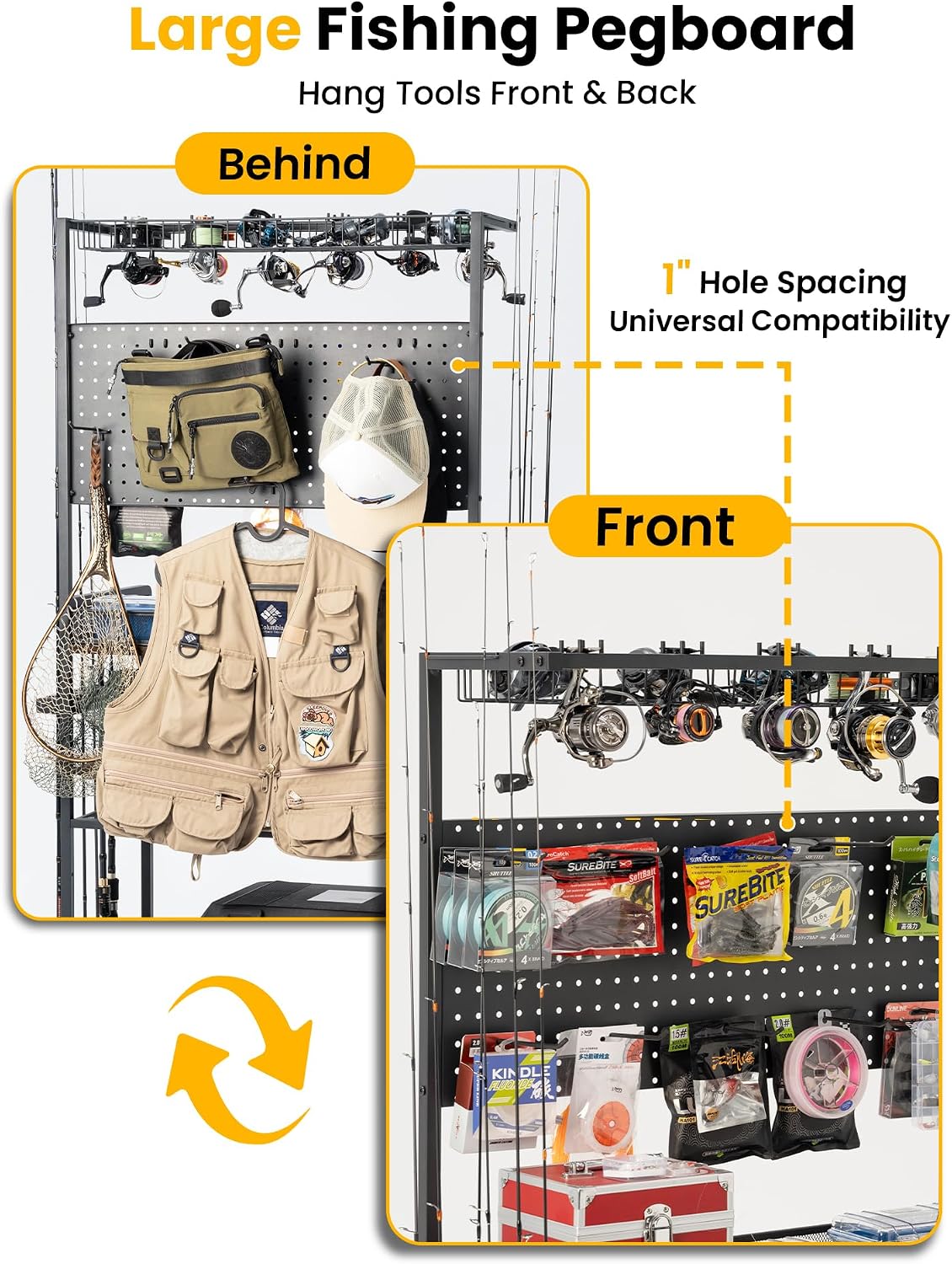 SOYEEZE Fishing Rod Holders for Garage,Fishing Gear Holder for Fishing Rod Tackle Box Storage，Fishing Pole Holders for 12 Rods with Hooks and Pegboard,Fishing Cart with Reel Rack, Large Size