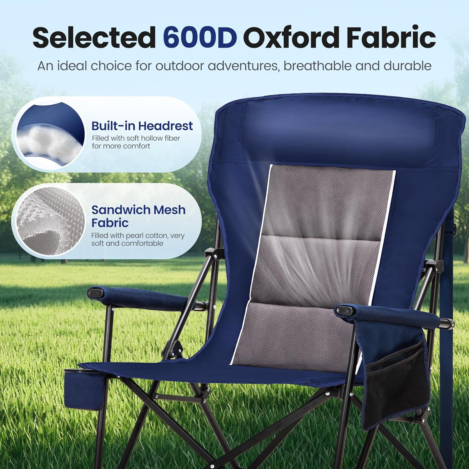High Back Oversized Camping Chairs for Adults Support 500LBS Blue