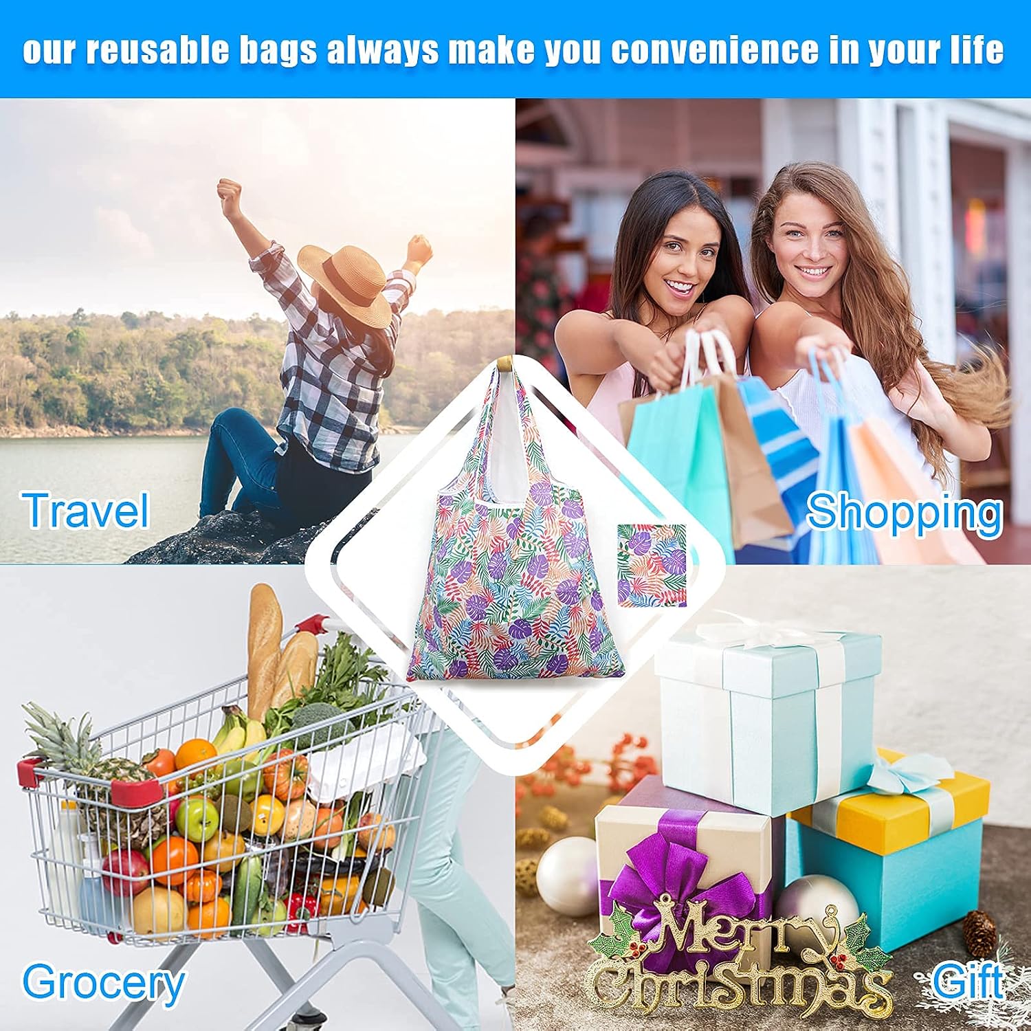 6 Pcs Reusable Grocery Bags Xlarge 50LBS Foldable Grocery Shopping Bags Washable Beach Bag Ripstop Nylon Tote Bags
