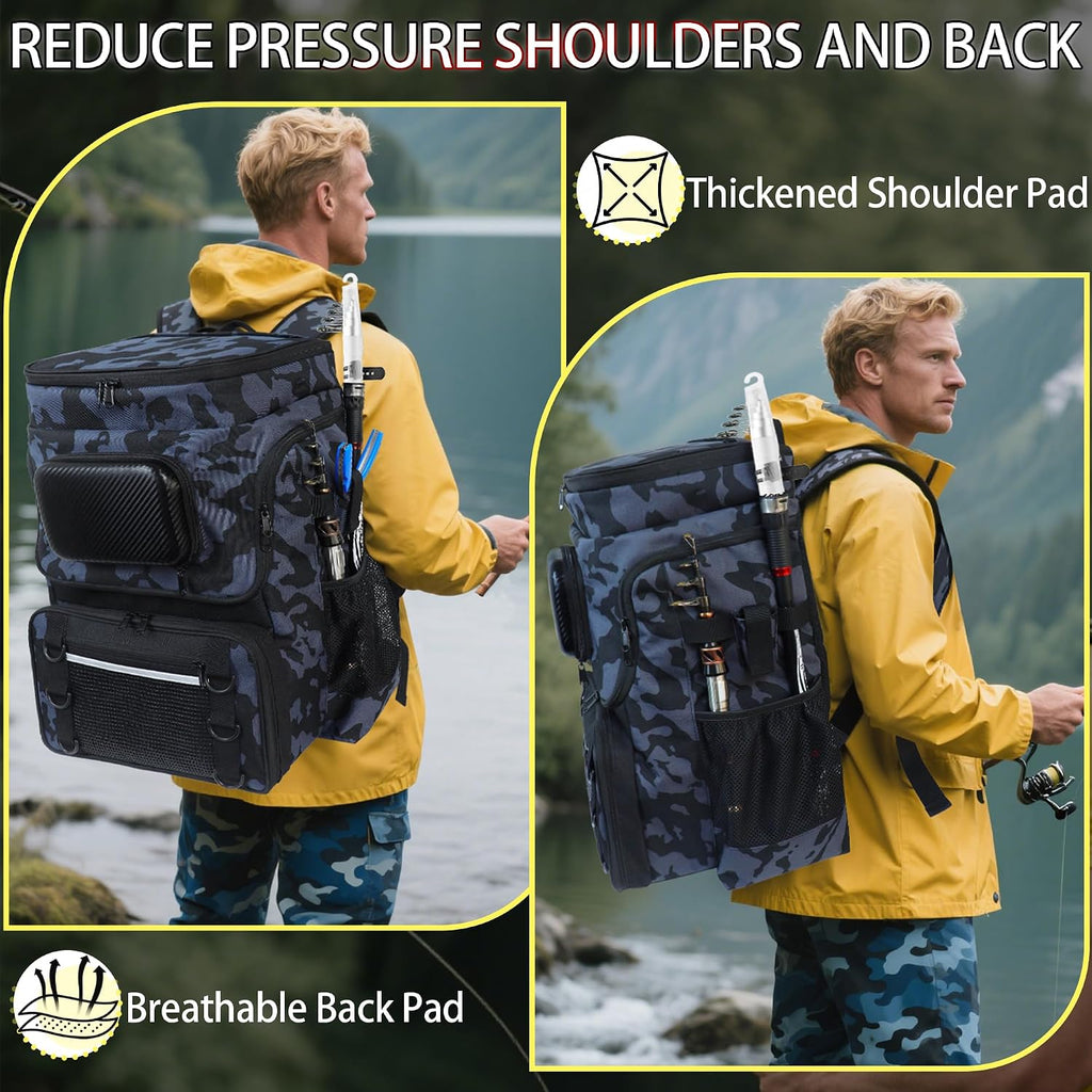 Fishing Backpack with Rod Holder, Large 50L Tackle Bag Water Resistant Tackle Backpack Heavy Duty Fishing Bag Gift for Men Woman